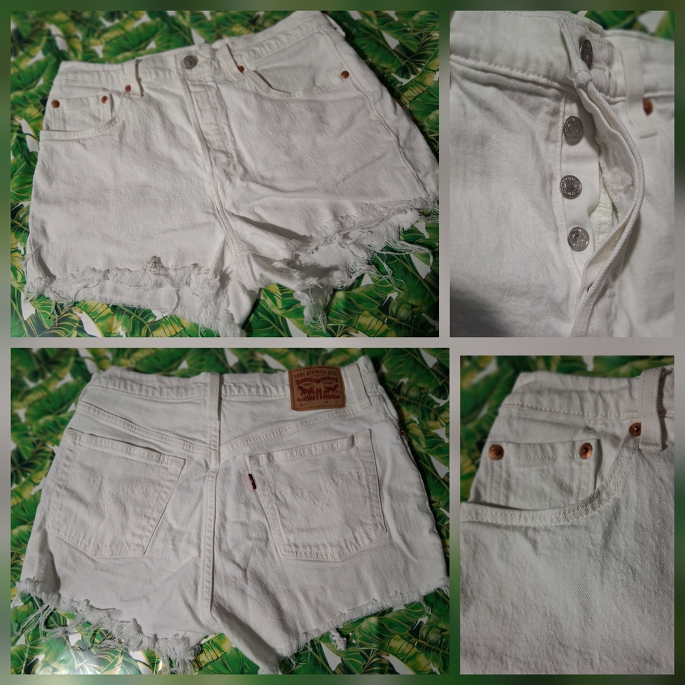 🔥Levi's 501 Riveted Fringe White Denim Shorts Size Large EUC & FREE GIFT